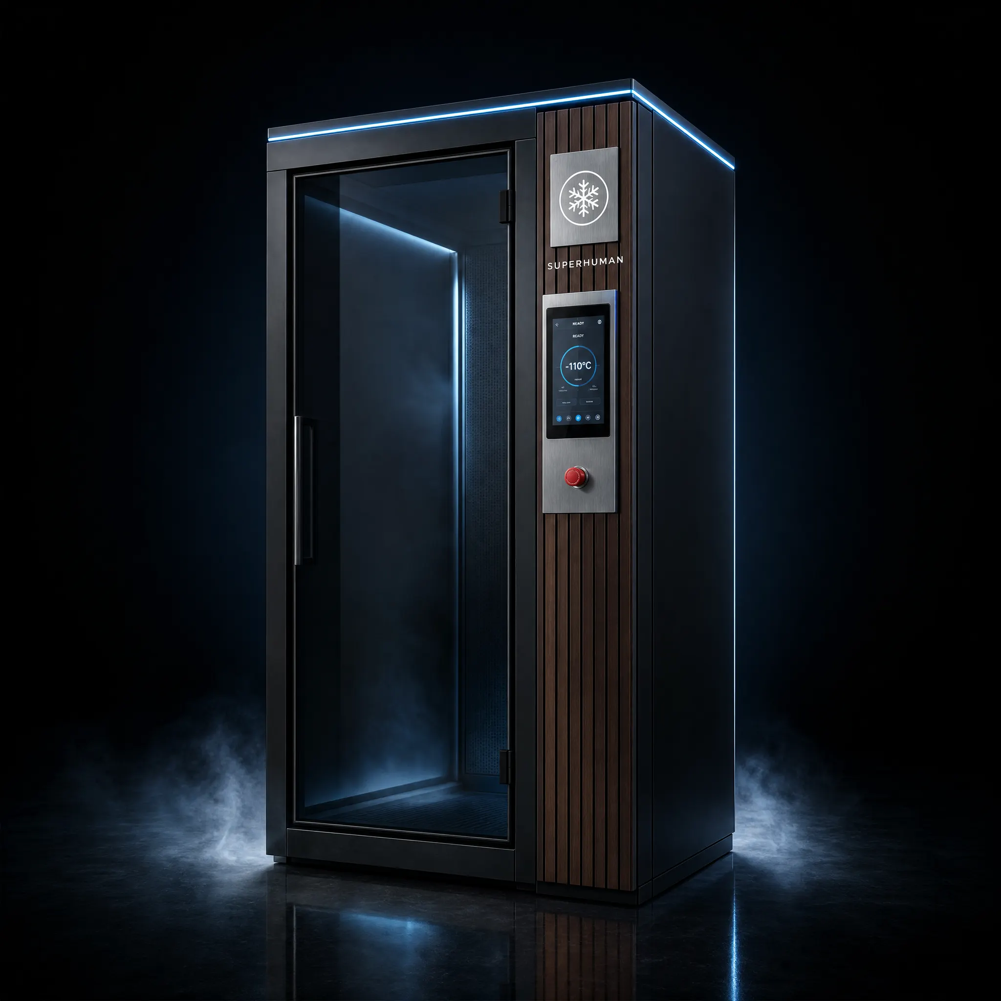 Superhuman Cryo X1 electric cryotherapy chamber with smoked-glass door and oak control column