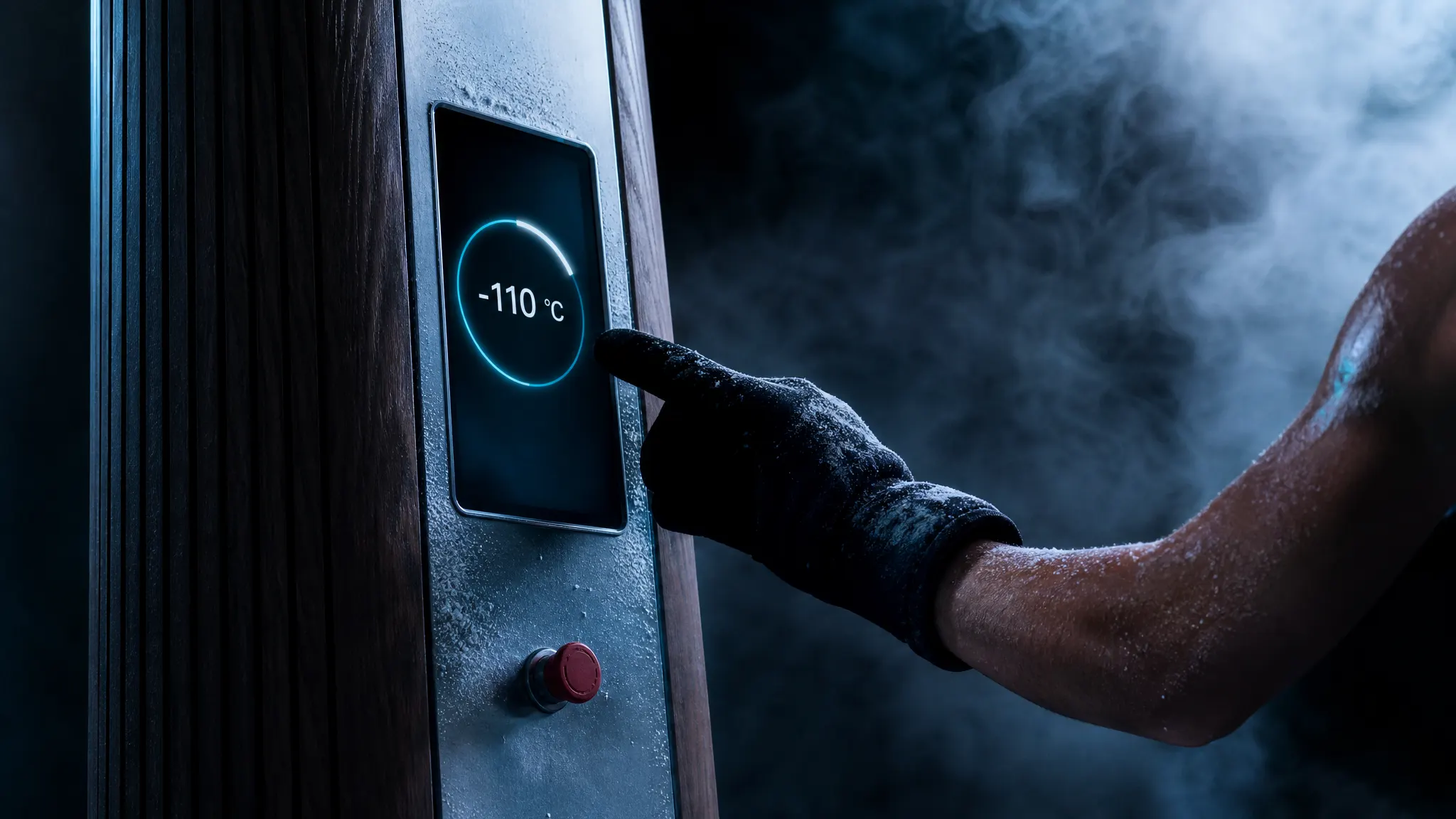 Gloved hand using the touchscreen control panel of a cryotherapy chamber