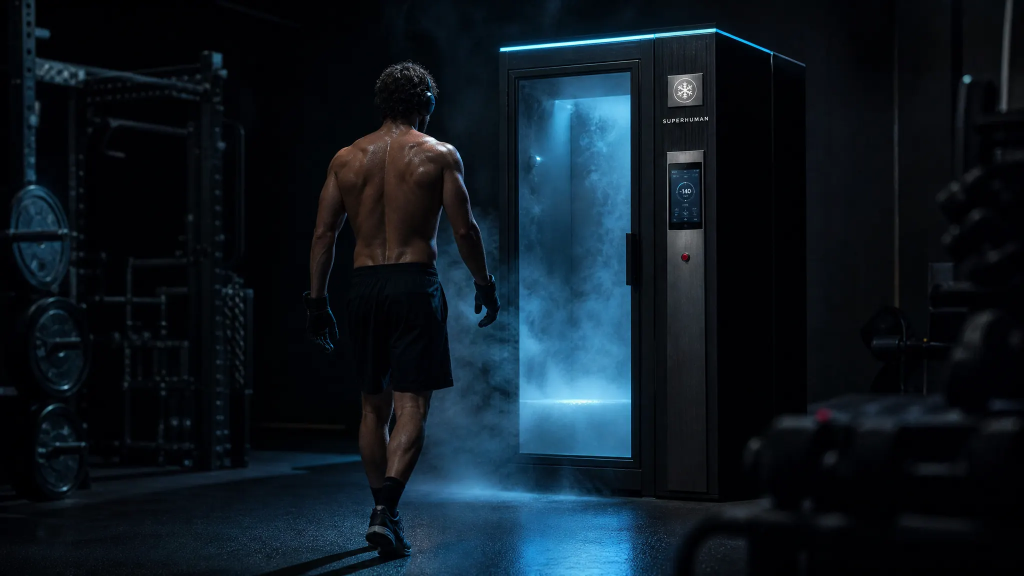 Athlete in gloves and socks walking toward a cryotherapy chamber in a gym recovery zone
