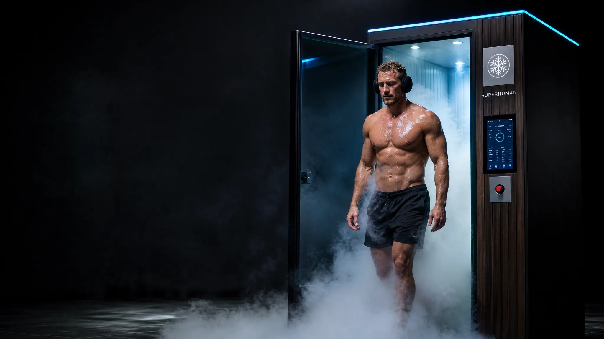 Superhuman walk-in electric cryotherapy chamber with cold vapour spilling from the open door