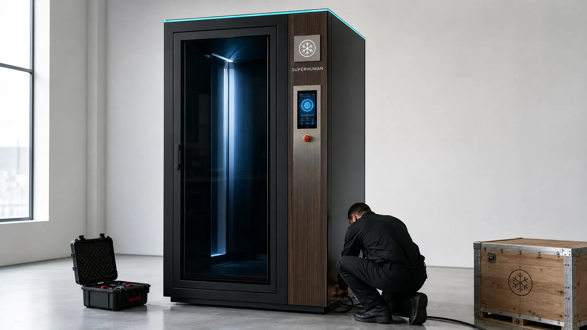 Technician connecting the electrical supply of a cryotherapy chamber during installation