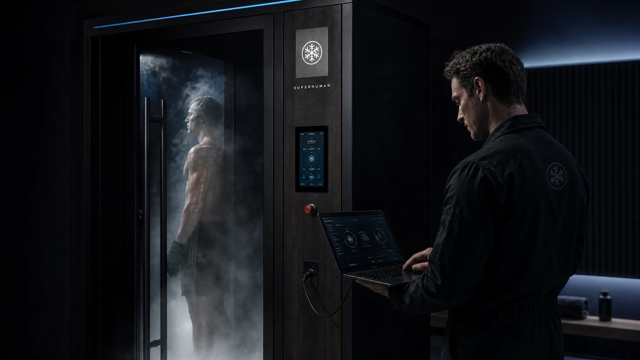 Service engineer running diagnostics on a cryotherapy chamber with a laptop