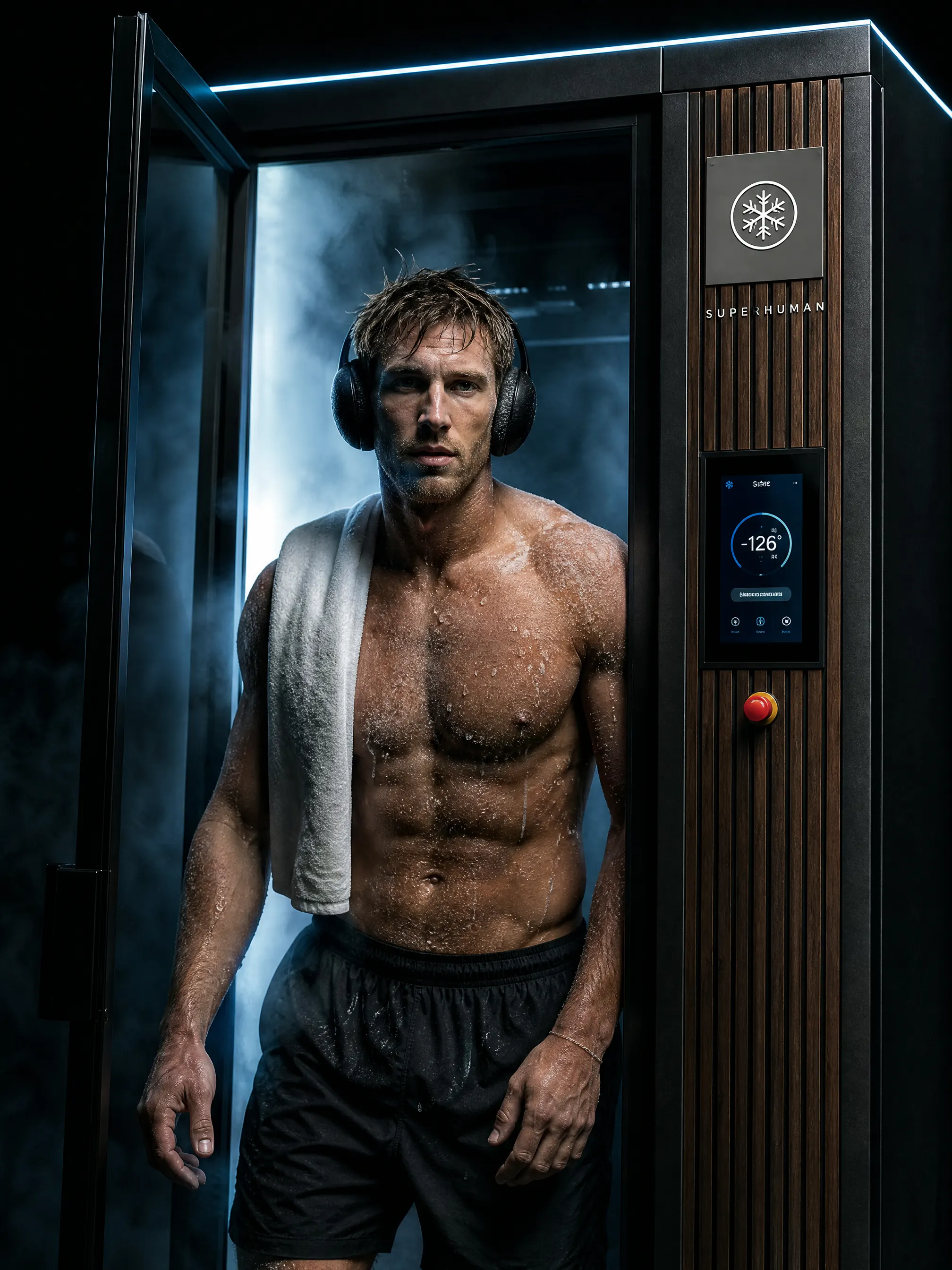 Guest in a robe stepping out of a cryotherapy chamber after a session