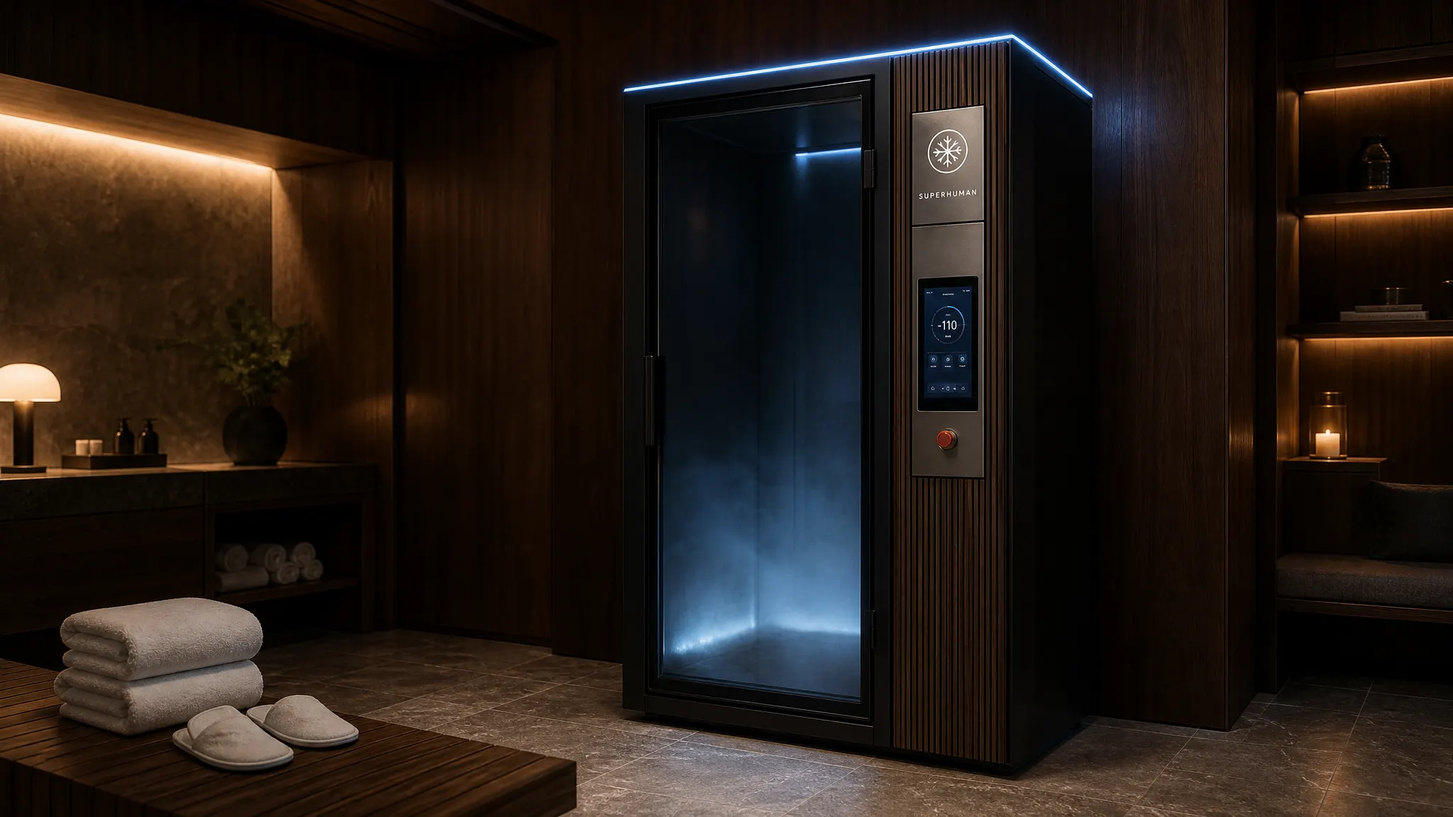 Walk-in cryotherapy chamber in a day spa treatment room with towels on a bench