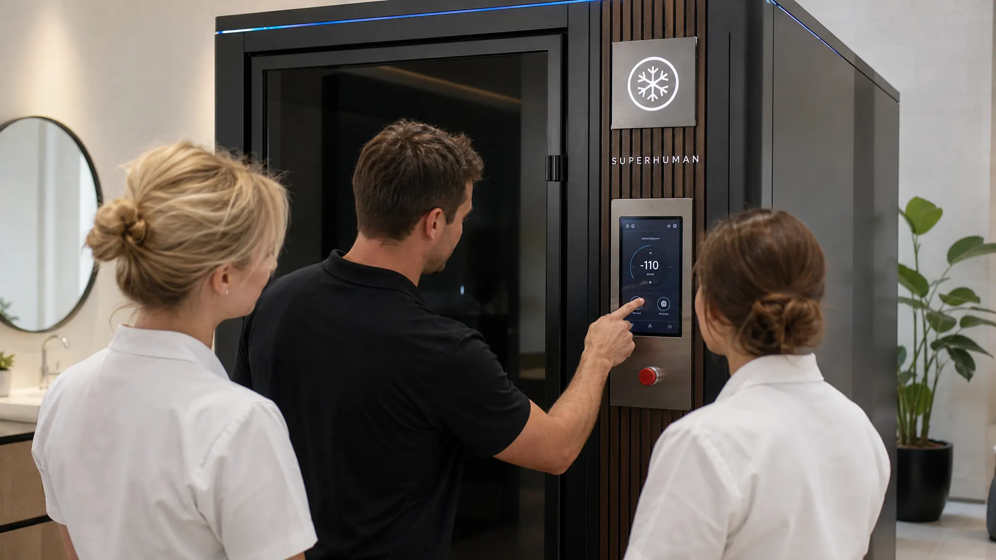 Trainer showing spa staff how to use the cryotherapy chamber control panel