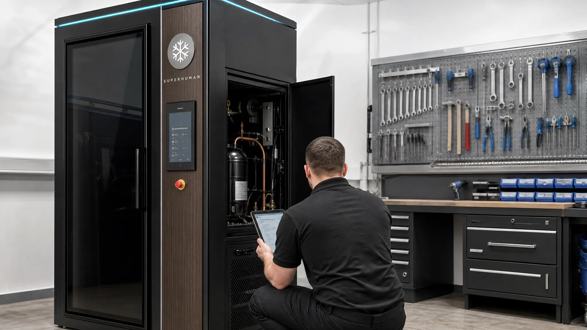 Technician inspecting a pre-owned cryotherapy chamber in a refurbishment workshop