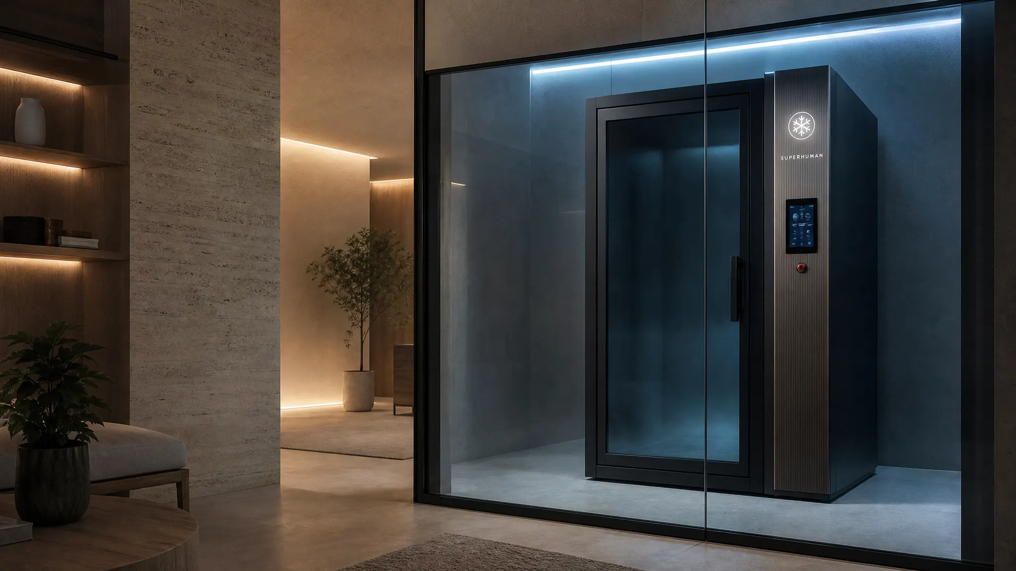 Cryotherapy chamber behind a glass partition in a bright wellness center